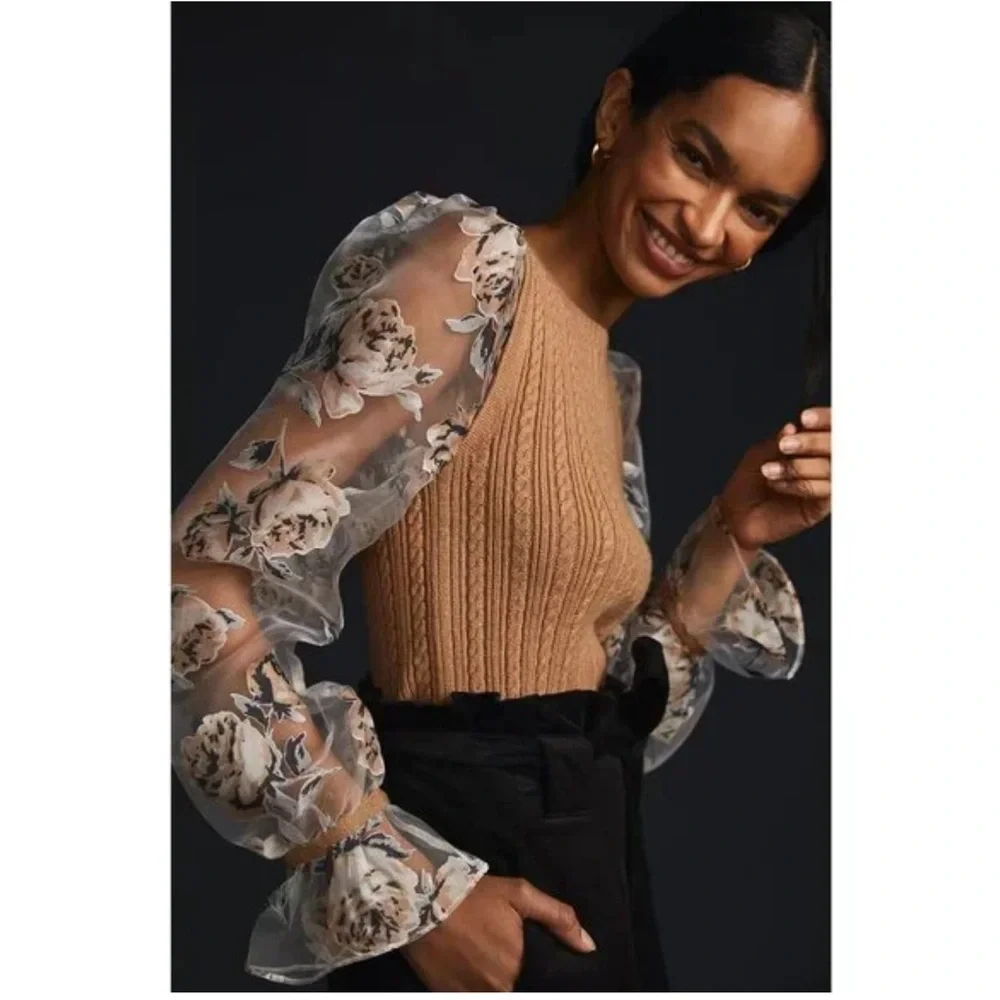 Maeve Anthropologie Mesh Contrast Sleeve Sweater Vest Blouse M Women’s
